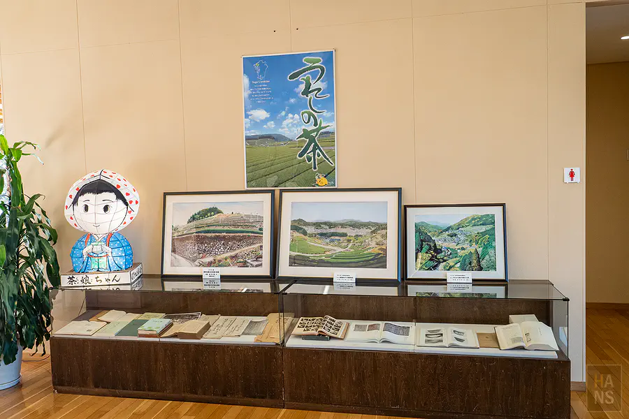 展示櫃上陳列著描繪嬉野當地茶園風光的水彩畫