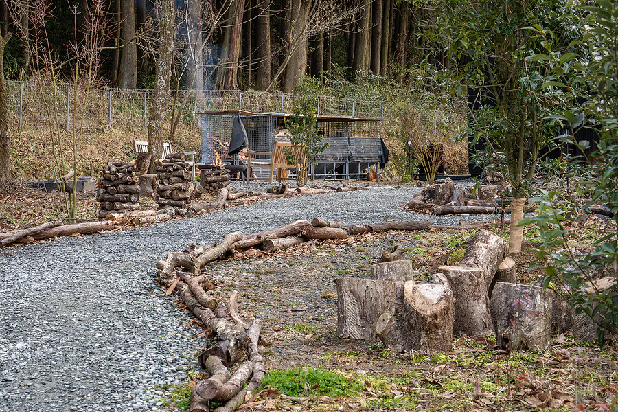 OND SAUNA園區碎石步道與柴薪，森林桑拿氛圍