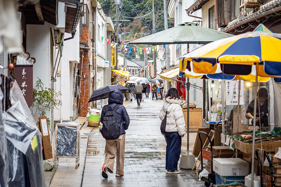 雨中撐傘漫步在佐賀呼子朝市老街的遊客