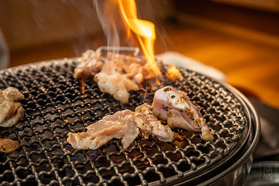 在烤網上滋滋作響表面微焦的鮮嫩烤雞肉