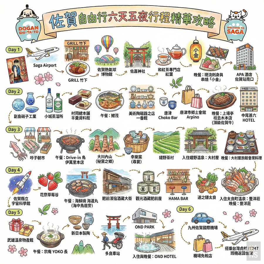 佐賀自由行六天五夜行程精華總覽行程圖
