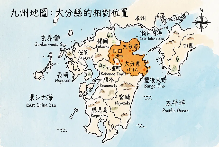 大分在日本九州的相對地理位置