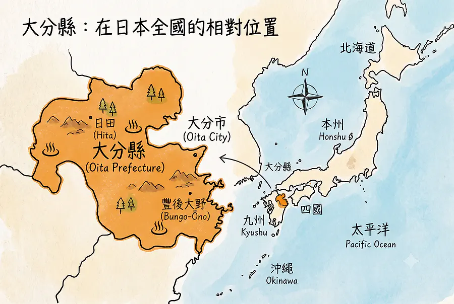 大分在日本全國的相對地理位置