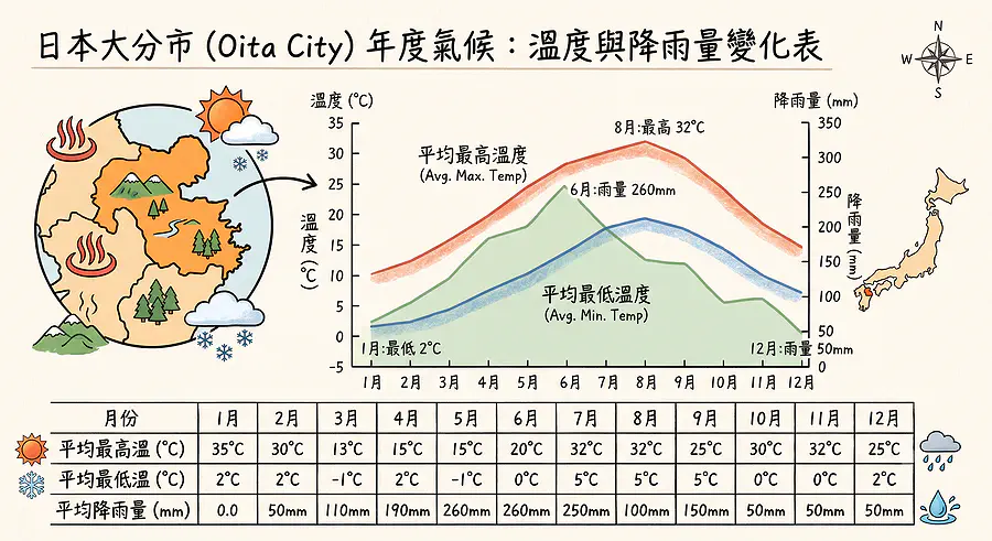 大分的年溫度與雨量圖