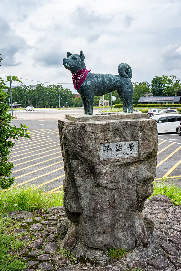 九重連山嚮導犬平治號銅像近照，石碑上刻有平治号字樣