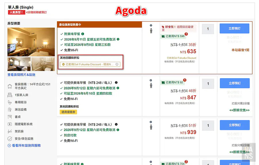 Agoda 房型頁面顯示套用 Go Fukuoka 折扣的單人房價格