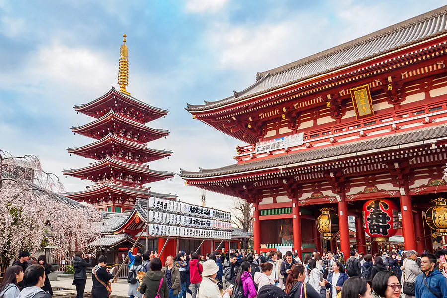 淺草寺寶藏門與五重塔，春季枝垂櫻盛開時的參拜人潮