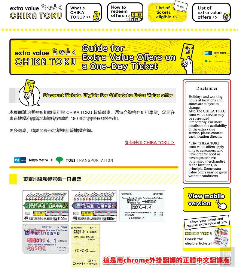 CHIKA TOKU 官網適用票種頁面，東京地鐵與都營地鐵一日通票可享優惠
